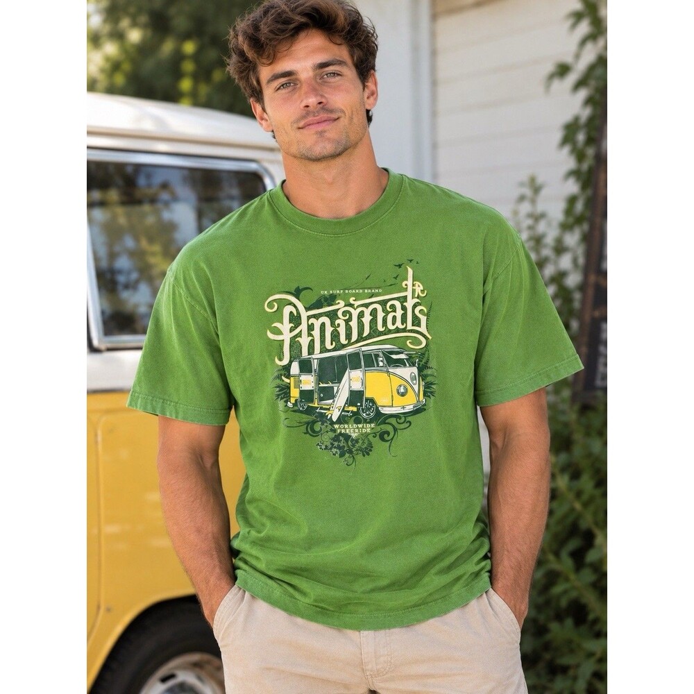 Y2K VTG Mens TShirt Medium Green Hippie Bus Travel Surfing